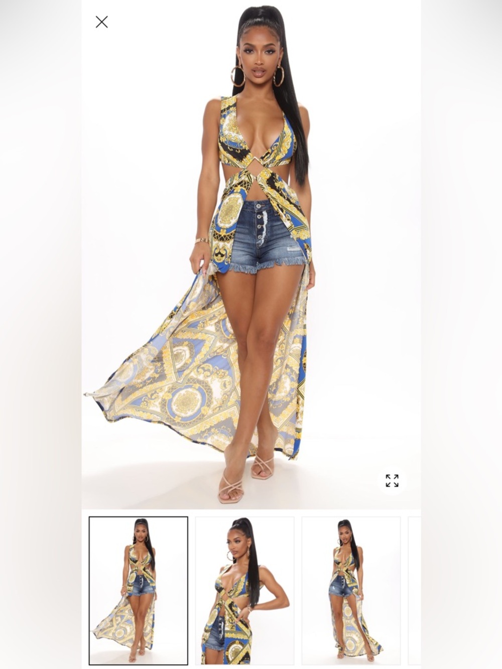 Blue and Gold Printed Wrap Maxi Top